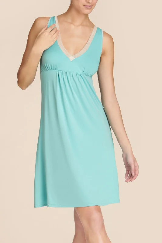 women lounge dress with a V - neck for a stylish lookSaiyo Chemise - Sky Blue/Ivory Mesh